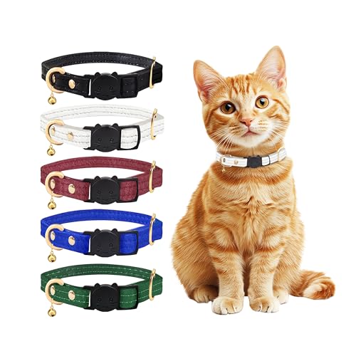 Qianruida Katzenhalsband aus Leder mit Glöckchen, sicheres Halsband für Katzen, Sicherheitsschnalle, Kätzchenhalsband, Weiß von QRD QIANRUIDA