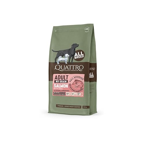 Quattro Premium Lachs & Krill Hundetrockenfutter, Getreidefrei, Hypoallergen, Für alle Rassen (12 kg) von QUATTRO SUPER PREMIUM