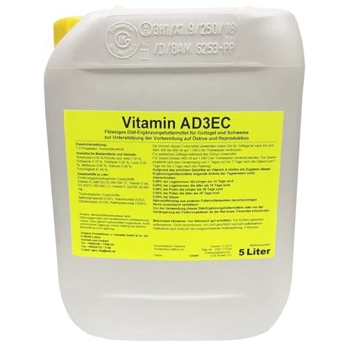 Vitamin AD3EC (A D3 E C) 5 Liter, flüssiges Ergänzungsfuttermittel Vitaminkonzentrat für alle Tierarten zur zusätzlichen, kurzfristigen Vitamin-Versorgung von QUEBAG