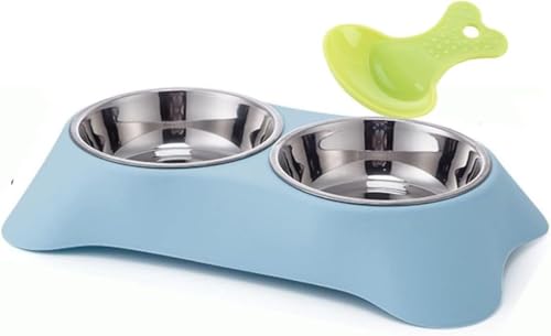 QUMENEY Doppelter Hundenapf Edelstahl Double Bowls Set mit 1 Pet Food Spoop rutschfeste abnehmbare Hundefressnäpfe für Katzen Hunde Wasser Fütterung (Blau) von QUMENEY