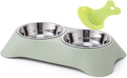 QUMENEY Doppelter Hundenapf Edelstahl Double Bowls Set mit 1 Pet Food Spoop rutschfeste abnehmbare Hundefressnäpfe für Katzen Hunde Wasser Fütterung (Grün) von QUMENEY