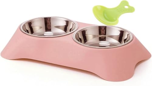 QUMENEY Doppelter Hundenapf Edelstahl Double Bowls Set mit 1 Pet Food Spoop rutschfeste abnehmbare Hundefressnäpfe für Katzen Hunde Wasser Fütterung (Rosa) von QUMENEY