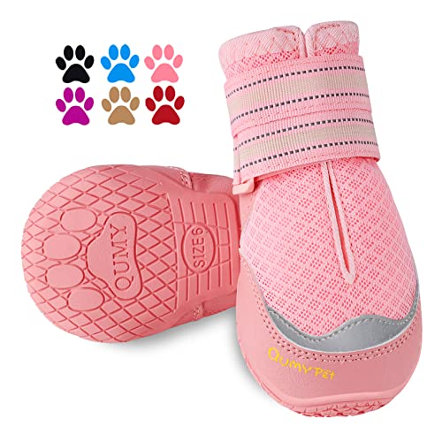 QUMY Hundestiefel für heiße Gehsteige, Schuhe für Hunde, Sommer, hitzebeständig, Netzgewebe, atmungsaktiv, rutschfest, mit reflektierenden Riemen, Rosa, Größe 42, 2 Stück von QUMY