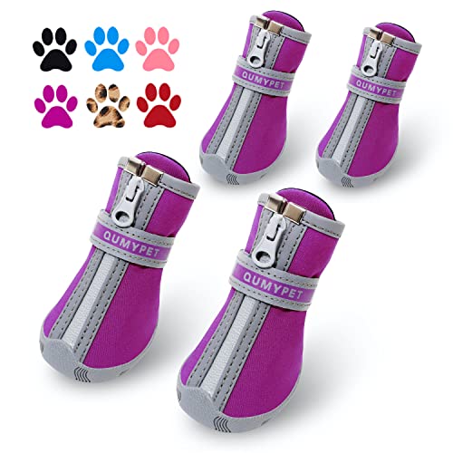 QUMY Kleine Hundestiefel, spritzwassergeschützt, Winter-Schneeschuhe für Welpen, Hunde, mit reflektierendem Streifen, weich, bequem, rutschfeste Gummisohle, Violett, 4 Stück von QUMY