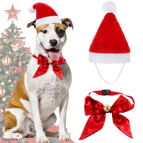 Hunde Katzen Weihnachtskostüm, Haustier Kostüm Weihnachten Kleidung Weihnachtsmütze und Halsband für Hund Katze, Rot Hundekostüm Katzenbekleidung Hundebekleidung Mütze Deko Weihnachts Outfit Geschenk von QUOHE