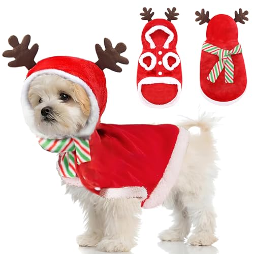 Hunde Katzen Weihnachtskostüm, Haustier Rentier Kostüm Weihnachten Kleidung Hundekleidung mit Schal, Rot Elch Geweih Katzenkostüm Katzenbekleidung Weihnachts Outfit Geschenk für Klein Hund Katze (M) von QUOHE