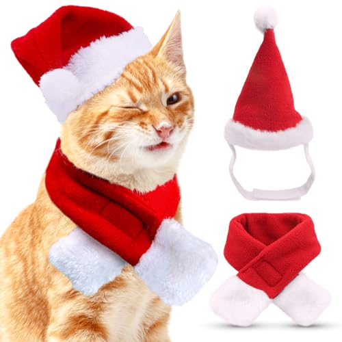 Katzen Hunde Weihnachtskostüm, Haustier Kostüm Weihnachten Kleidung Weihnachtsmütze und Schal für Klein Hund Katze, Rot Katzenbekleidung Hundebekleidung Lustig Mütze Deko Weihnachts Outfit Geschenk von QUOHE