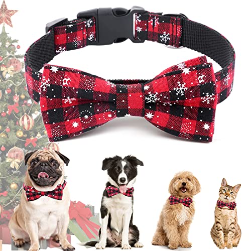 Weihnachten Halsband Hund Katze, Halsbänder mit Fliege Weihnachts Kariertes Kostüm Hundehalsband Abnehmbar Schleife, Rot Verstellbare Halsband Geschenk für Klein Mittlere Groß Hunde Katzen Welpen (M) von QUOHE