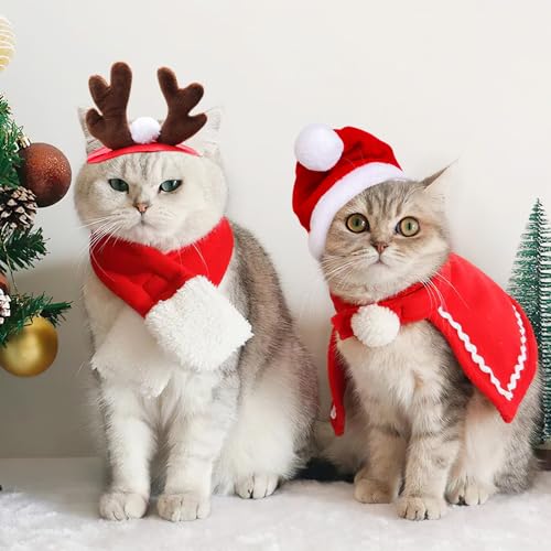 Weihnachtskostüm Katzen Hunde, 4 Stück Haustier Kostüm Weihnachten Kleidung Rentier Geweih Stirnband Weihnachtsmütze Schal Mantel, Rot Katzenbekleidung Weihnachts Outfit Geschenk für Klein Hund Katze von QUOHE