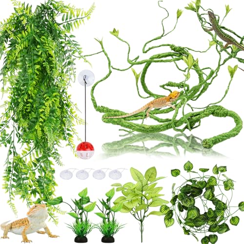 Hängepflanze Terrarium Zubehör, QUOZUO kunstpflanze hängend, Künstliche Pflanzen Reptilien Terrarium Kletterreben Blätter, Chamäleon Terrarium Deko für Eidechsen, Schlangen von QUOZUO