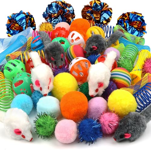 QUOZUO Kätzchen-Spielzeug, 60 Stück Katzenbälle, Feder-Spielzeug-Set, glitzernder Ball, Katzenmaus-Spielzeug, Katzen-Knisterbälle, Katzenfedern, Katzenball-Spielzeug, pelzige Katzenspielzeuge, Bälle, von QUOZUO