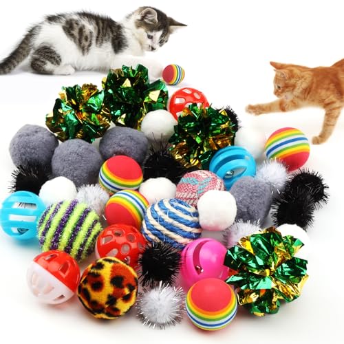 QUOZUO 38 Stück Katzenspielzeug Bälle, Sisal Ball, Katzenspielzeug Ball, Knisternde katzenbälle Spielzeug für Katzen Kitten von QUOZUO