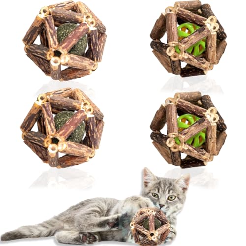 QUVOVID Katzenspielzeug, 4 Packungen Katzenminze Ball Spielzeug, Natur Silvervine Stick Cage Cat Bell Bälle, Katzenminze Spielzeug zum Reinigen von Zähnen, Entspannen Sie Katzen, für alle Rassen von QUVOVID