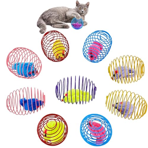 QUVOVID Katzenspielzeug-Bälle, 9 Packungen, Katzen-Federball-Spielzeug für Indoor-Katzen, Metallkäfigbälle mit Mäusen, Katzenspielzeug für Indoor-Katzen und Kätzchen, interaktives Katzenspielzeug, von QUVOVID