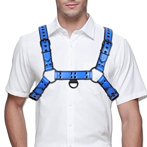 Harness for Man Adjustable Leather Harness Body Chest Black Rivets Harness Punk Belt Clubwear Kostüm, Upgrade-Geschirr, Blau, Einstellbar von QUYUWOWO