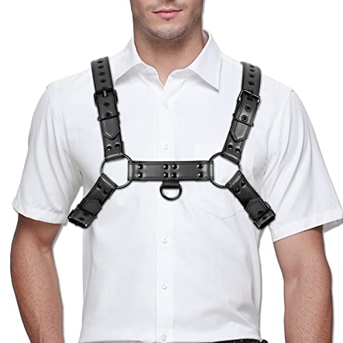 Harness for Man Adjustable Leather Harness Body Chest Black Rivets Harness Punk Belt Clubwear Kostüm, Upgrade-Geschirr, schwarz, Einstellbar von QUYUWOWO