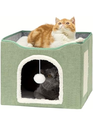 QWINEE Faltbares Katzenhaus Bequemes Haustierbett Katzenhöhle für Indoor-Katzen Haustier Schlafen Katzenbett mit Kratzpad und flauschigem hängenden Ball Katze Versteck Schlafen Grün Einheitsgröße von QWINEE