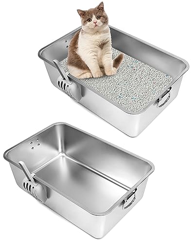 QWORK® 2er-Pack XXL Katzentoilette aus Edelstahl - 60x 40x 20 cm - Spritzschutz - Einfache Reinigung - mit Tragegriffen un Katzenklo Schaufel - für Großes Häschen und Große Katze von QWORK