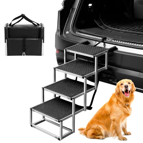 QWORK® 4-Stufen Klappbar Hundetreppe Auto, Anti-Rutsch Einstiegshilfe Auto für Kleine & Große Hunde - Höhenverstellbar 64cm, bis 80kg Belastbar von QWORK