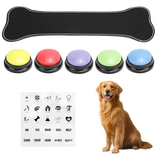 QWORK® 5-Farben Hundeknopf für Kommunikation, intelligenzspielzeug für Hunde, inklusive 25 Aufkleber, Batterien Nicht inbegriffen von QWORK