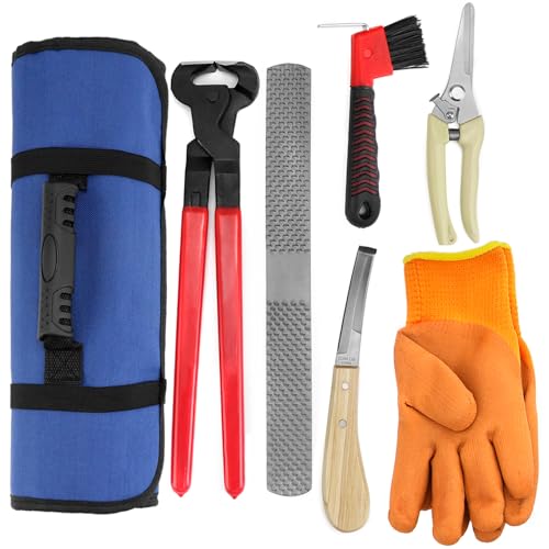 QWORK® 6tlg. Professionelle Hufschmied Werkzeuge Kit mit Rolltasche - Huf Trimmer Schere, Hufmesser, Hufschneidezange, Hufraspel Datei, Reinigungsbürste und Handschuhe von QWORK