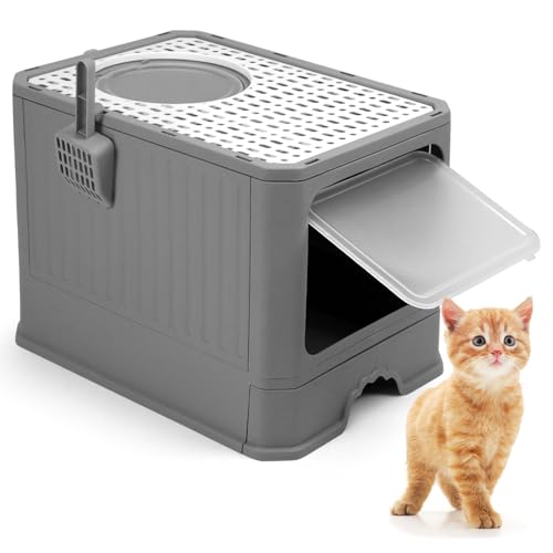 QWORK® Katzenklo mit Deckel, Groß Katzentoilette mit Deckel und Schaufel, für Katzen bis 12 kg, Grau von QWORK