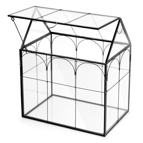 QWORK Geometrisches Pflanzen-Terrarium aus Glas, schwarzes Haus, ultraklares Natrium-Kalziumglas, aufklappbares Dach, für Sukkulenten, Luftpflanzen, Büro & Heimdekoration von QWORK