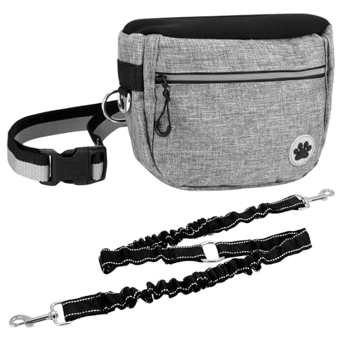 QWORK Hundeleine mit wasserdichter Bauchtasche, verstellbare Leine bis 117 cm, doppelt gepolsterte Griffe, reflektierender Sicherheitsbesatz, ideal zum Spazierengehen, Joggen von QWORK