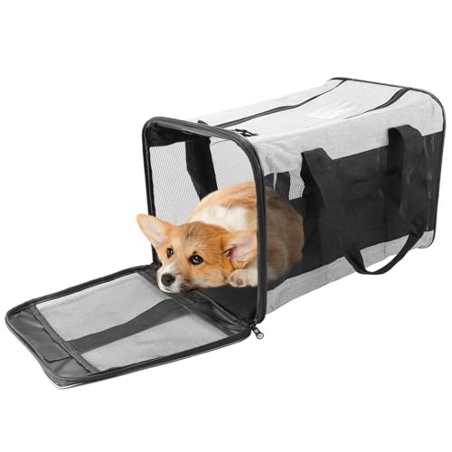 QWORK Transportbox für Katzen und Hunde, von Fluggesellschaften zugelassen, zusammenklappbar, weiche Seiten, für kleine Hunde und Katzen, geräumiger Innenraum, grau, weiche Haustier-Tragetasche mit von QWORK