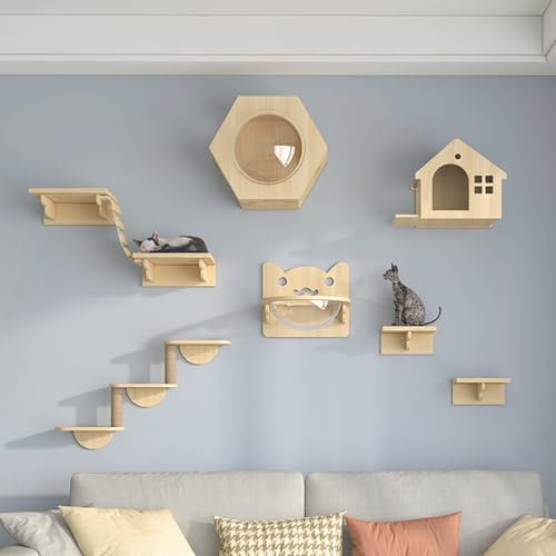 Kletterwand Katzen, Katze Wand, Katzenwand Hölzernes An Der Wand Montiertes Katzenmöbel, Schwebendes Holzkletter- und Spielklettergerüst für Katzenwohnungen Im Haus(XL) von QWPOFISN