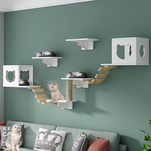 Kletterwand Katzen, Katzen Wandelemente Katze Wand mit Sitzstangen und Stufen, Dicke Der Holzplatte 1,5 cm für An Der Wand Montierte Katzenhäuser Im Innenbereich(White,XL) von QWPOFISN