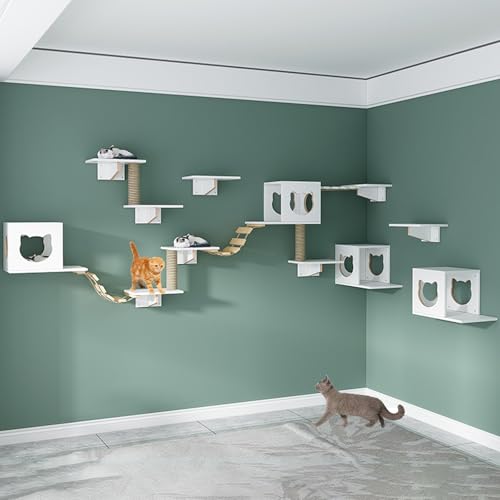 Kletterwand Katzen, Katzen Wandelemente Katze Wand mit Sitzstangen und Stufen, Dicke Der Holzplatte 1,5 cm für An Der Wand Montierte Katzenhäuser Im Innenbereich(White,XXX-Large) von QWPOFISN