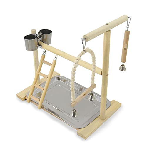 Qaonsciug Bird Perch Playstand Ladder Swing Holzkauen Spielzeug Für Papageien Guardgies Käfigzubehör Edelstahl Fütterungstassen von Qaonsciug