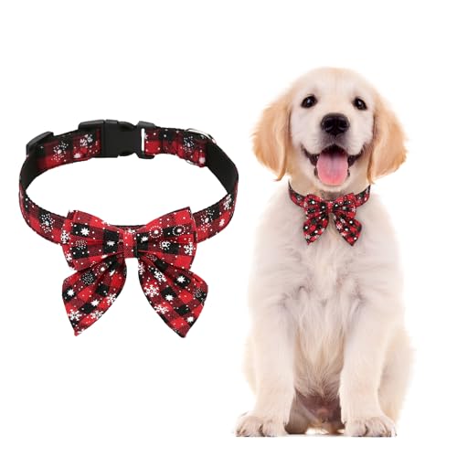 Weihnachts-Hundehalsband mit Fliege, verstellbares Hundehalsband mit Schottenkaro, Rot, Weihnachts-Hundehalsband für kleine, mittelgroße und große Hunde von Qaziuy