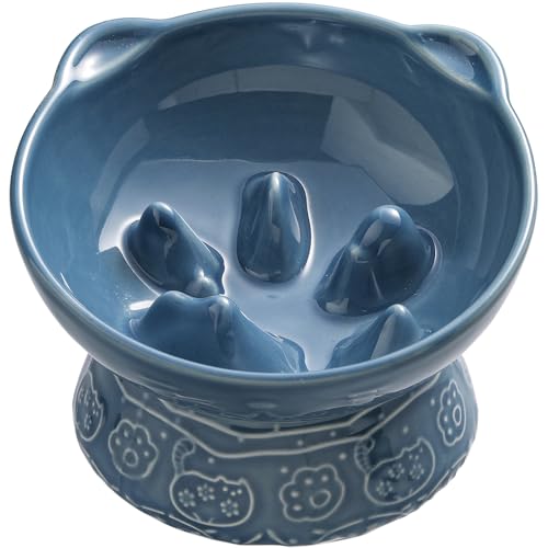 Qcapet Keramik Katze Slow Feeder, Erhöhter Katzenfutterschüssel geneigtes Design, Hund Slow Feeder Bowl Kein Schwarzes Kinn, Katzenform Slow Feeder für Trocken- und Nassfutter (Blau) von Qcapet