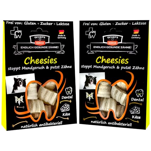 QCHEFS 2X CHEESIES Hundeleckerli bei Mundgeruch, Zahnfleischentzündung als Zahnsteinentferner durch natürlich antibakterielle Zahnpflege ohne Dentalspray oder Zahnbürste für die Gesundheit von Qchefs