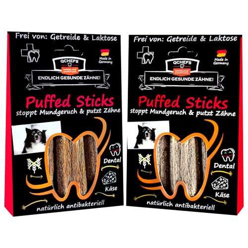 QCHEFS Puffed Sticks: Zahnpflege Hunde als vegetarische-getreidefreie Kaustangen nach dem Hundefutter und antibakterieller Mundgeruchentferner (2er Pack) von Qchefs