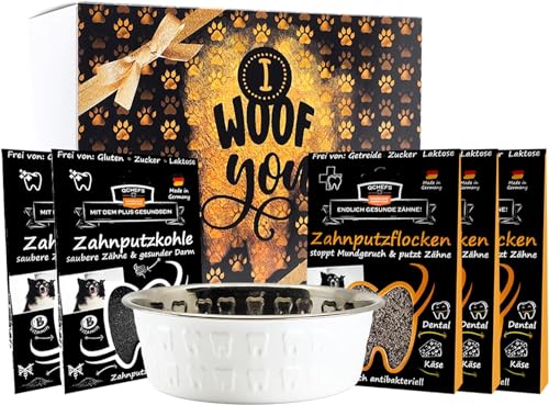 QCHEFS Glückskiste NAPF für Hunde, Schleck Napf + Aufbewahrung Box für Zahnpflege Leckerlie mit Starterset Zahnpflege bei Mundgeruch und als Zahnsteinentferner von Qchefs