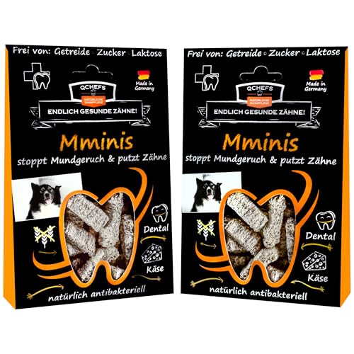 Qchefs MMINIS Zahnpflege-Snack für kleine Hunde bei Mundgeruch & Leckerlis zum Plaque & Zahnstein entfernen mit natürlich antibakterieller Zahnreinigung ohne Dentalspray oder Zahnbürste (2er Pack) von Qchefs