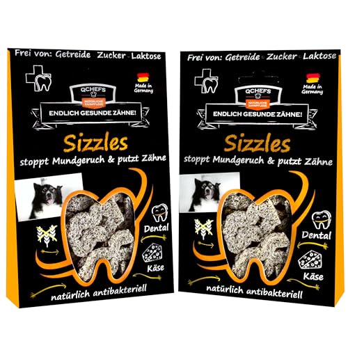 QCHEFS SIZZLES 2er Pack: Hunde Zahnpflege antibakteriell gegen Mundgeruch und Zähne geputzt- als getreidefreie-hypoallergene Leckerlis nach dem Hundefutter-perfekt für Welpen und Training von Qchefs