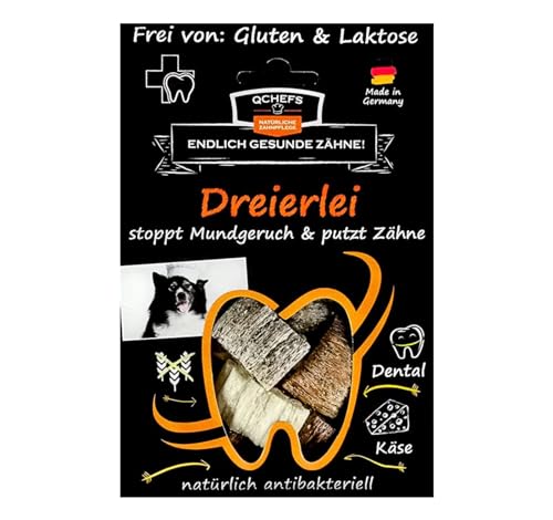 QCHEFS DREIERLEI Hundeleckerli bei Mundgeruch, Zahnfleischentzündung als Zahnsteinentferner durch natürlich antibakterielle Zahnpflege ohne Dentalspray, Zahnbürste oder Zahnpasta von Qchefs