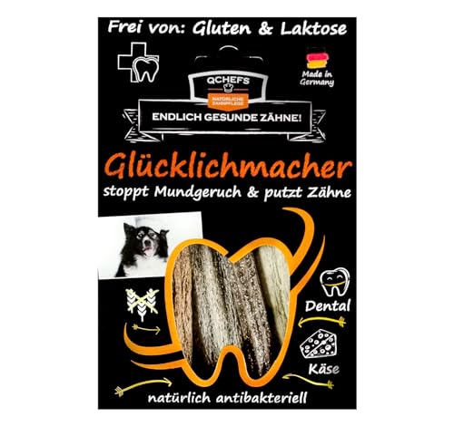 QCHEFS GLÜCKLICHMACHER Kauknochen zur Zahnpflege bei Jungen und alten Hunden, Kaustange lösst sich im Mund auf und stoppt Mundegruch putzt Zähne und bei Zahnfleischentzündungen von Qchefs