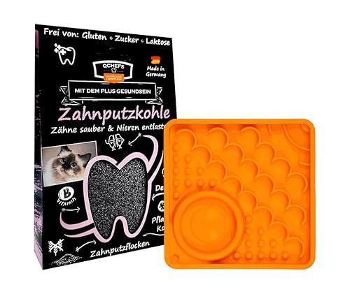 QCHEFS Schleckmatte Kitty mit ZahnputzKOHLE für Katzen zum schlecken von der Futtermatte. Zahnpflege & Probiotik für Darm als Futter Topping mit der Lieblingsleckerei auf der Leckmatte bei Mundgeruch von Qchefs