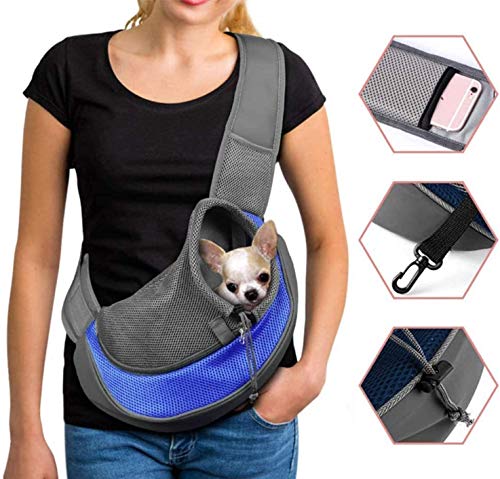 Tragetasche Haustier Schultertasche Single Schulter Sling Bag Tragetuch Hund Tragbar Katzen Umhängetasche Verstellbare Schultergurt Welpen Reise Träger Atmungsaktiv Netz Fronttasche (Blau) von Qchomee