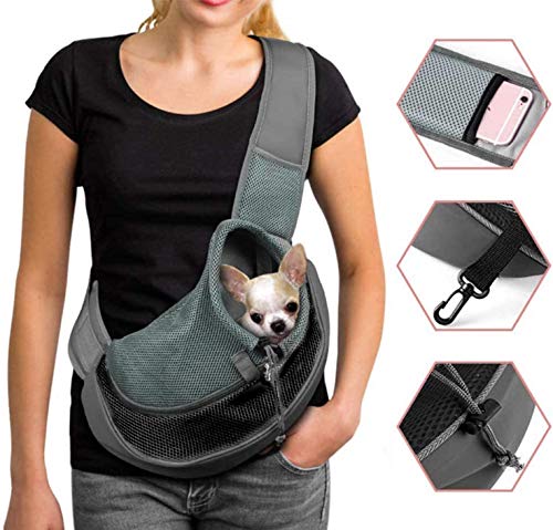 Tragetasche Haustier Schultertasche Single Schulter Sling Bag Tragetuch Hund Tragbar Katzen Umhängetasche Verstellbare Schultergurt Welpen Reise Träger Atmungsaktiv Netz Fronttasche (Schwarz) von Qchomee