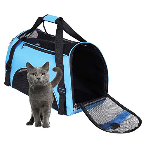 Tragetasche Transporttaschemit Schultergurt Hundetragetasche Katzentragetasche Mit Atmungsaktiv Mesh Reisetasche Hundebox Faltbare Kleintiertasche Transportbox Tragbar (Blau, L) von Qchomee