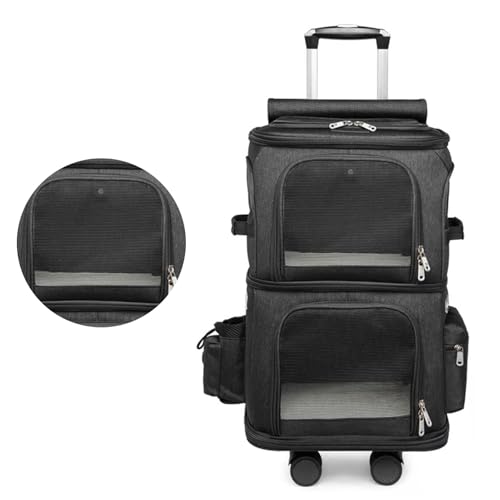 Katzenzubehör-Tragerucksack mit Trolley-Rädern für Reisen, Spaziergänge, Doppelfach-Haustiere (Black) von Qcwwy