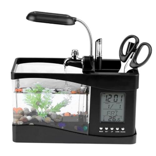 Mini-USB-LCD-Desktop-Lampe für Aquarium, Multifunktionale ökologische Lampe, Desktop-Aquarium mit LED-Uhr, LED-Licht, Stifthalter für Büro, Zuhause für Büro, Schlafzimmer (Black) von Qcwwy