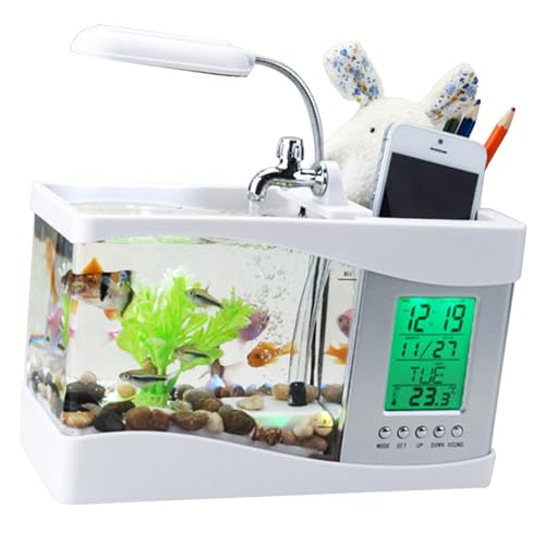 Qcwwy Mini-USB-LCD-Desktop-Lampe für Aquarium, Multifunktionale ökologische Lampe, Desktop-Aquarium mit LED-Uhr, LED-Licht, Stifthalter für Büro, Zuhause für Büro, Schlafzimmer (White) von Qcwwy