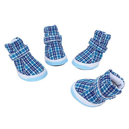 Qcwwy 4 Stück Blaue Hundeschuhe, Atmungsaktive Welpen-Turnschuhe für den Außenbereich, Streifenband-Design, Hundestiefel, Heimtierbedarf für Winter, Schnee, Wandern, (Nummer 2) von Qcwwy